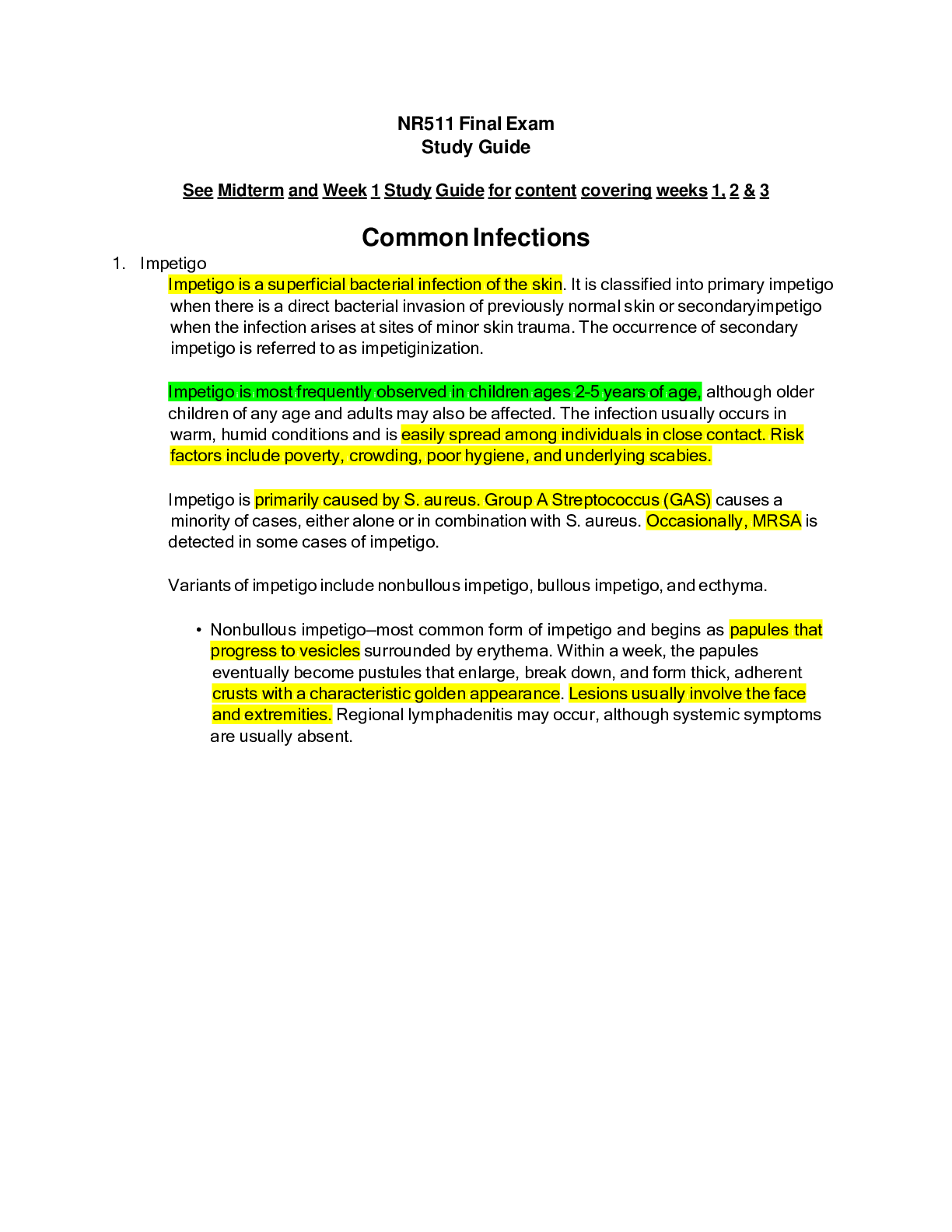 Preview of NR 511 Differential Diagnosis & Primary Care Practicum Final Exam Study Guide